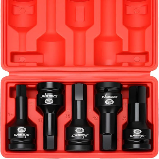 DISEN 3/4 Inch Drive Impact Hex Driver Set, 5-Piece, Metric, 14mm, 17mm, 19mm, 22mm, 24mm, CR-MO Steel, Professional Mechanic Repair 3/4??Hex Socket Set