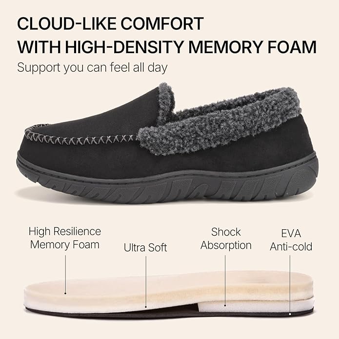 ATHMILE Men's Moccasin House Slippers, Memory Foam Arch Support, Plush Fuzzy Lining, Non-Slip Rubber Sole for Indoor/Outdoor Winter Comfort