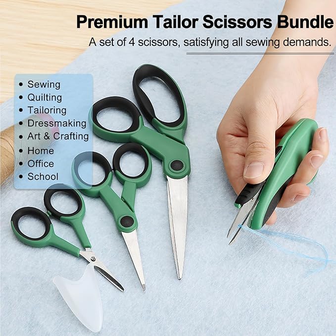 Premium Sewing Scissors Bundle - Heavy Duty Fabric Scissors (8"), Embroidery (5"), Small Detail (4"), Thread Snips (5"), Tailoring, Dressmaking, Quilting, Arts&Craft Supplies, Green