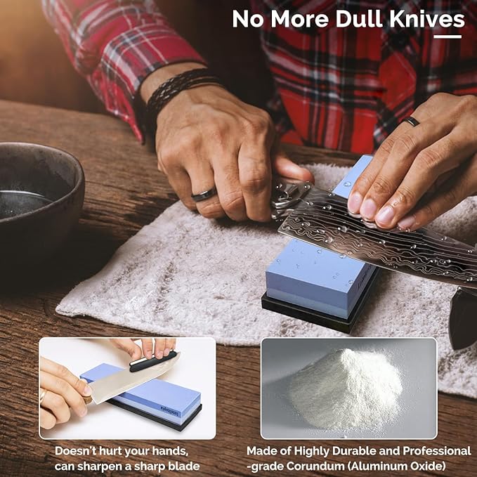 Intelitopia Complete Knife Sharpening Stone Set ??Dual Grit Whetstone 400/1000 3000/8000 Knife Sharpener with Leather Strop, Flattening Stone, Bamboo Base, 3 Non-slip Rubber Bases & Angle Guide