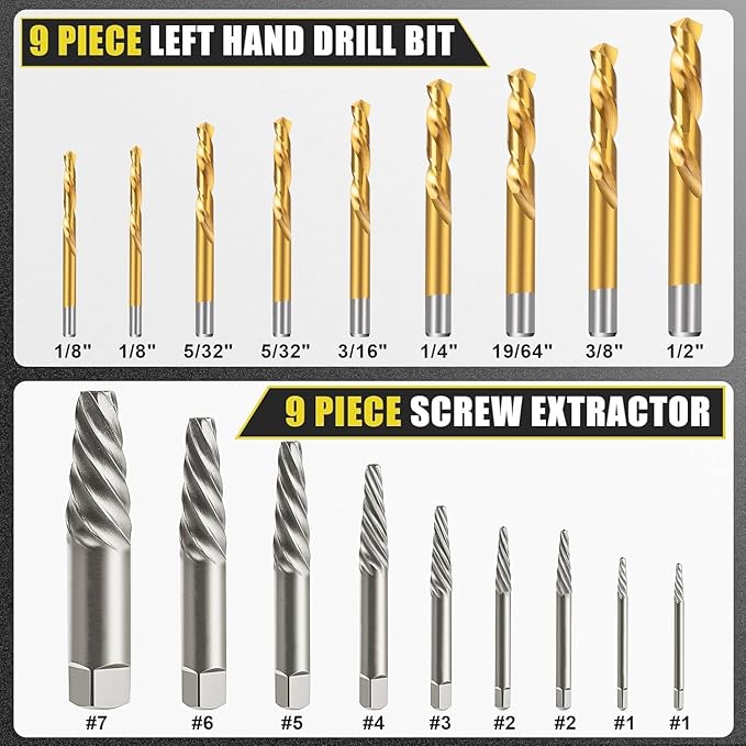 TOPEC Screw Extractor and Left Hand Drill Bit Set - 18 Piece Easy Out Bolt Extractor Kit for Removing Damaged Screws, Broken Bolts, Studs