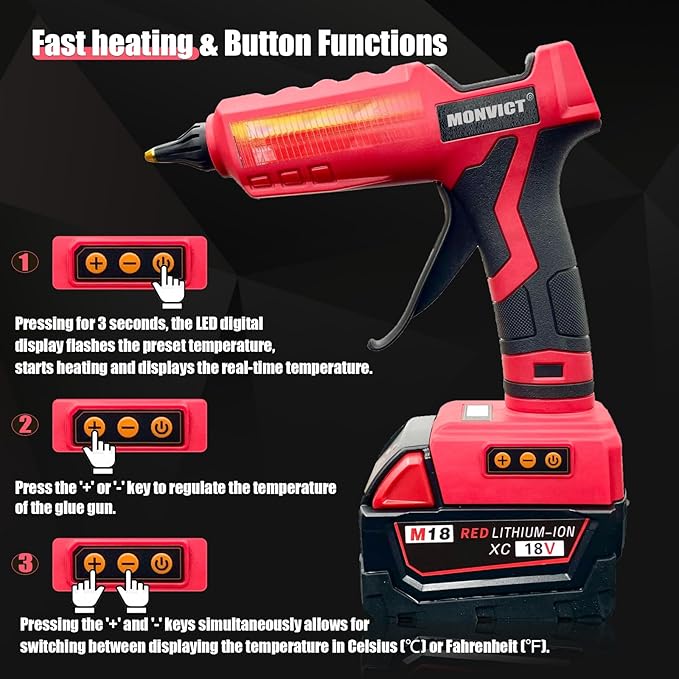 MONVICT Cordless Glue Gun for Milwaukee 18V Battery with 50 Glue Sticks, 100W Upgraded Digital Temperature Adjustable Handheld Electric Power Full Size Heavy Duty Hot Glue Gun (Tools only)