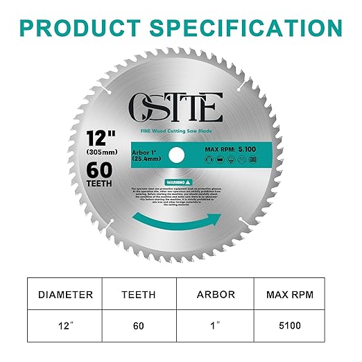 12-Inch Miter Saw Blades 60-Tooth, Woodworking Saw Blades for Table Saw, Circular Saw Blade, 1 Inch Arbor, 1 Pack