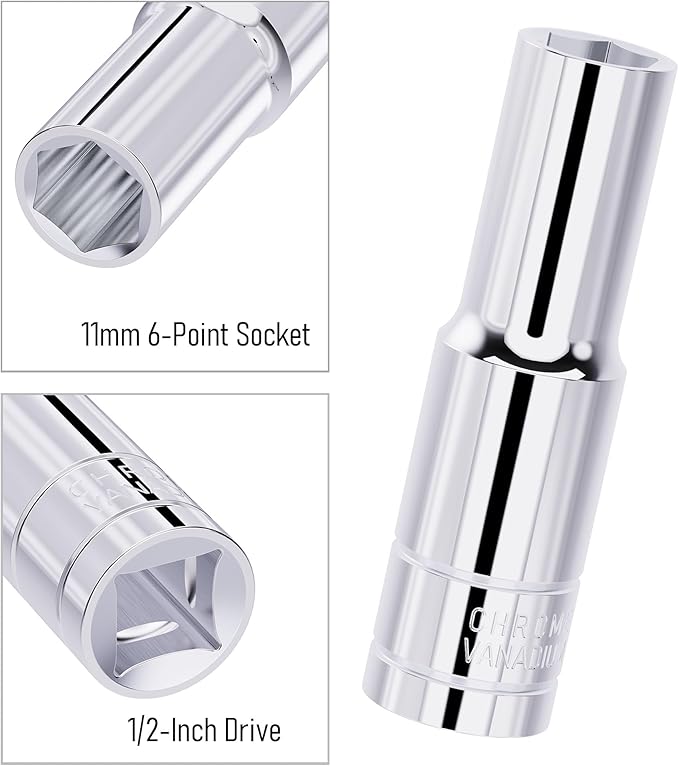 11mm Deep Socket, 1/2 Inch Drive, 6-Point, Metric, Heat Treated CR-V Steel Sockets, Full Polishing, 3.1 Inch Length
