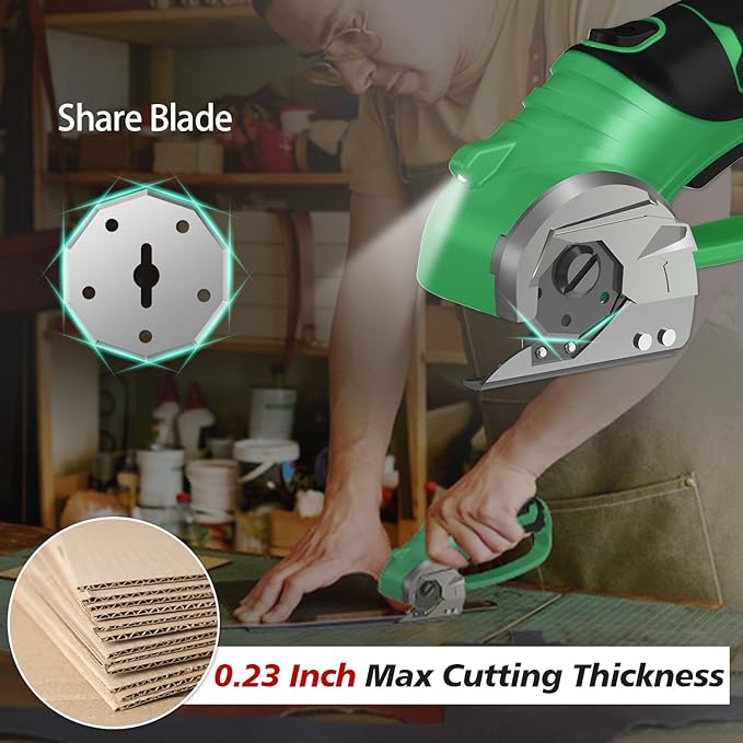 Cordless Electric Scissors, 4V Rechargeable Box Cutter & Cardboard Cutter with LED Light, Safety Lock - Rotary Cutter for Fabric, Leather, Plastic, Crafting, Sewing with Storage Box(Bright Green)