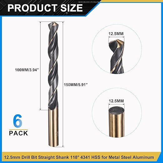PATIKIL 12.5mm Drill Bit, Jobber Straight Shank 4341 High-Speed Steel 118째 Black and Gold Finish for Medium-Hard Metal Steel Acrylic - 6 Pack