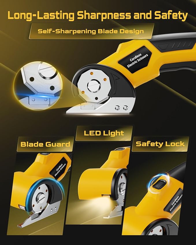Cordless Electric Scissors,3000mAh Cardboard Cutter Rechargeable,Electric Box Cutters with 2 Blade, 4V Upgrade Motor,Safety Lock & LED Light, Powerful Cutting Tool for Paper,Carpet