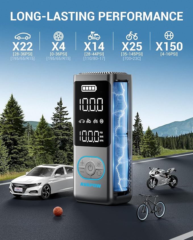 AVAPOW Tire Inflator Portable Air Compressor, 150 PSI Cordless Car Tire Air Pump with Pressure Gauge, 3.7??LCD Screen, Auto-Shuts Off Tire Pump for Car, Motorcycle, Bike, Balls