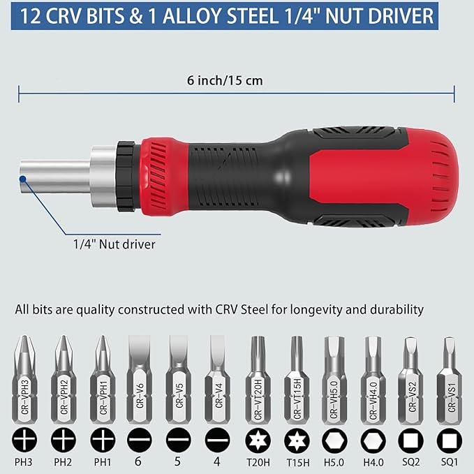 Ratcheting Screwdriver Bit Set, WOOPHEN 13-in-1 Multi Bit Ratchet Screw with Magnetic 1/4 Nut Driver Screwdriver, Suitable for Garage, Home, Workplace and DIY Repair (Red)