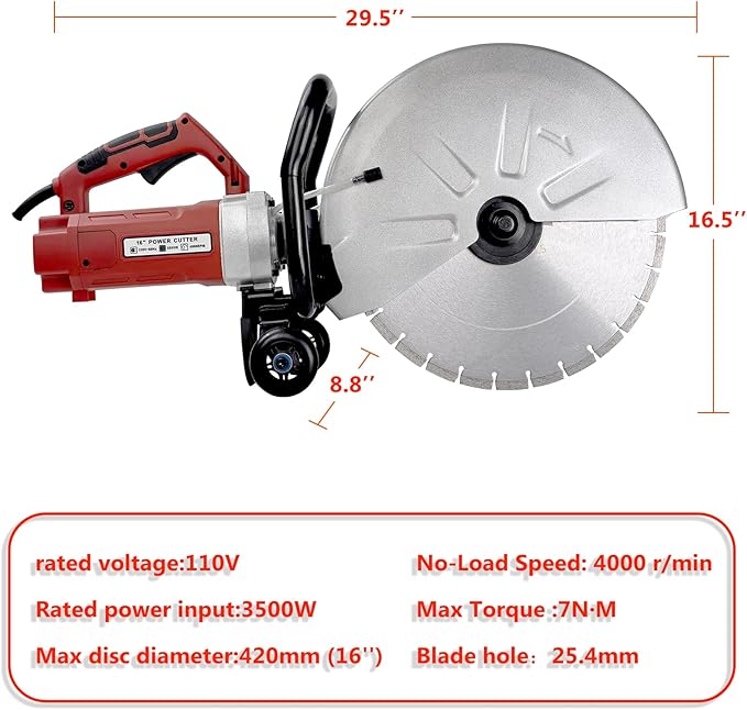 JKCHENPRO 3500W Electric Concrete Saw - 16" Cut-Off Saw with Diamond Blade, 6.1" Max Cutting Depth, 110V Power for Asphalt & Masonry
