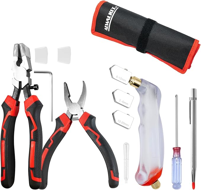 Alwalkee Glass Cutting Tool Kit, 12-Piece with Self-Oiling Cutter, 3 Interchangeable Heads for Stained Glass, Mosaic, Tile