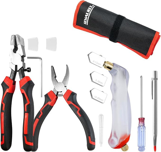 Alwalkee Glass Cutting Tool Kit, 12-Piece with Self-Oiling Cutter, 3 Interchangeable Heads for Stained Glass, Mosaic, Tile