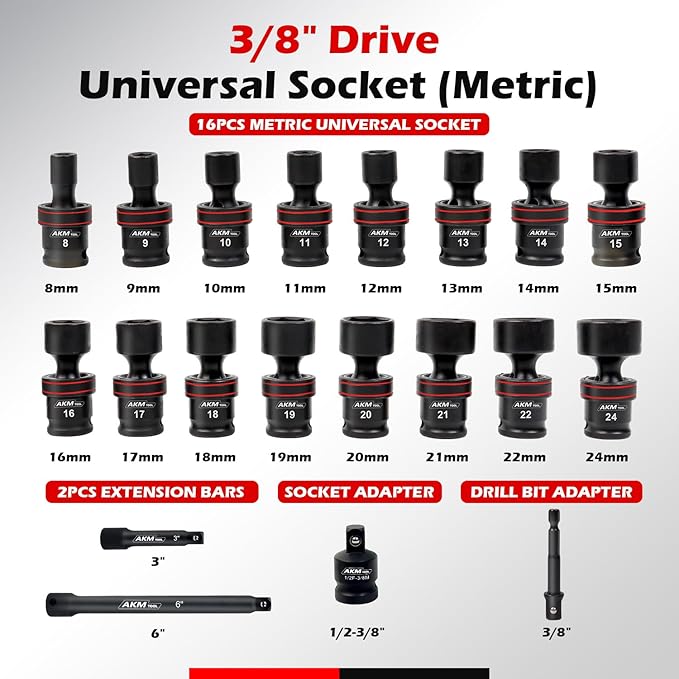 3/8" Drive Universal Impact Socket Set, 20 Piece Swivel Socket Set, Universal Joint Socket 6-Point, Metric, 8-22mm, Cr-Mo,with Extension Bars, Socket Adapter, Drill Bit Adapter