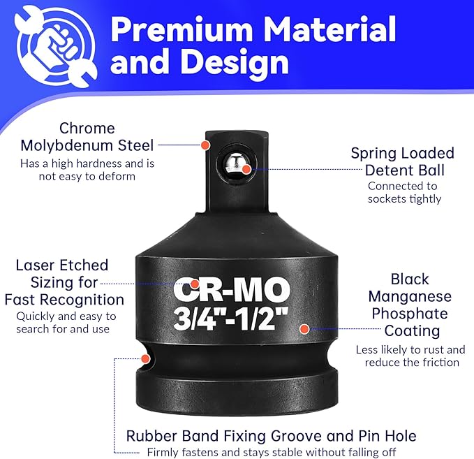 3/4" Female to 1/2" Male Impact Socket Adapter Reducer, Chrome Molybdenum Steel Driver Conversion Adapter, for Sockets and Impact Wrench