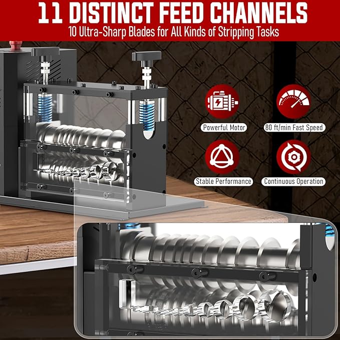 Wire Stripper Machine, 0.06''-1.5'' Electric Wire Stripping Machine with 11 Channels 10 Blades, Heavy-duty Automatic Cable Stripper for Workshop Copper Recycling