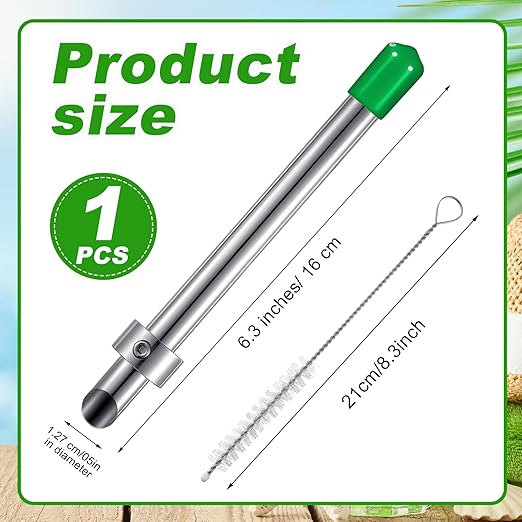 Lasnten 1 Pack Straw Puncher for Plastic Lids Lemonade Cups, Stainless Steel Straw Hole Puncher Punching Tools for Cafe Drinks Deli Container Fresh Squeezed Lemonade Stand Supplies(6.3 Inch,Green)