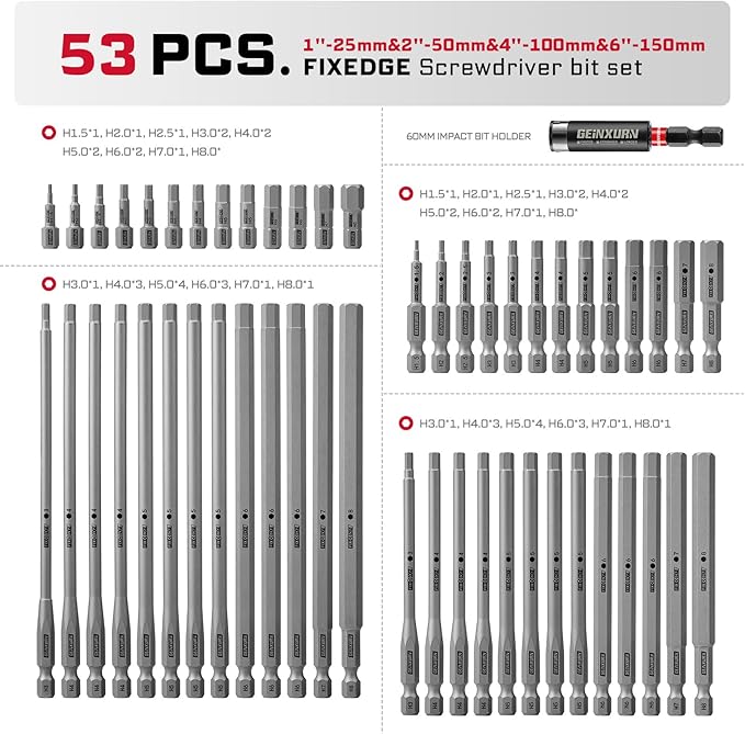 53Pieces Fixedge Screwdriver bit set,6 inches Mixed Hex Magnetic Alloy Steel Insert Power Bits Tips with Storage Organizer for Home Repair