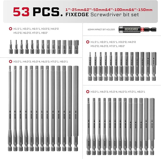 53Pieces Fixedge Screwdriver bit set,6 inches Mixed Hex Magnetic Alloy Steel Insert Power Bits Tips with Storage Organizer for Home Repair