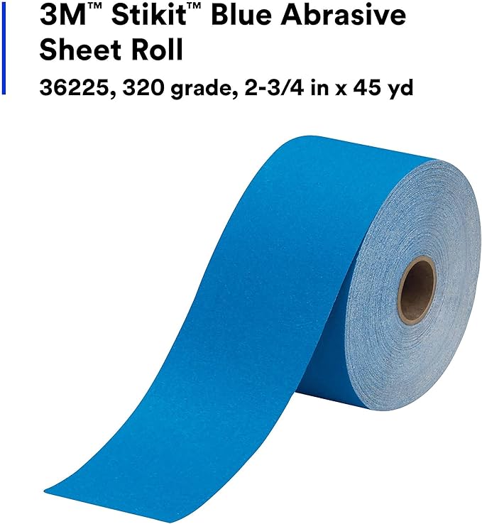 3M Stikit Blue Abrasive Sheet Roll, 36225, No Hole, 2-3/4 in x 45 yd, 320+ Grade, Automotive Sanding Roll Sandpaper for Coating Removal, Body Repair, Auto Sanding