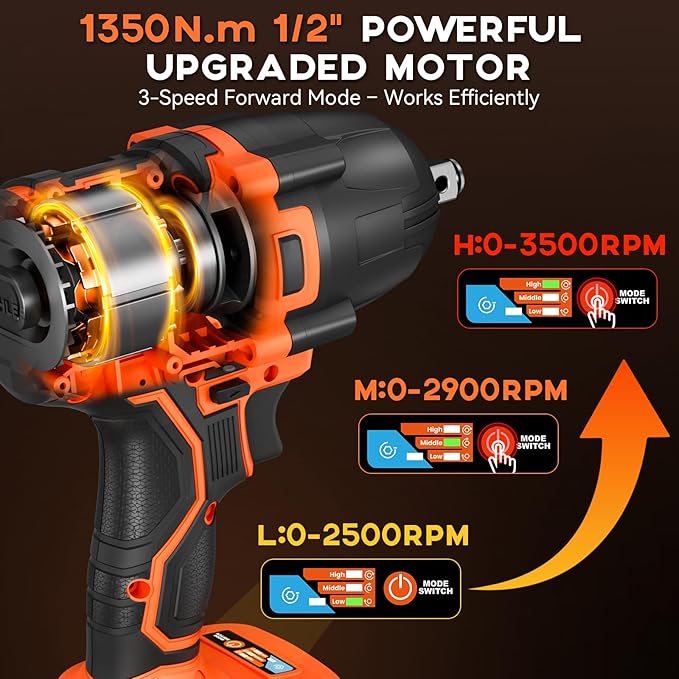 900Ft-lbs (1200N.m) Impact Wrench, 1/2" Cordless Impact Driver, 21V High Torque Power Impact Gun - 2x4.0Ah Batteries, Variable Speeds Impact Motor for Pickup Truck/Family Car (Orange Red)