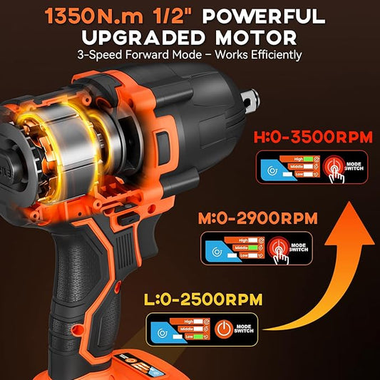 900Ft-lbs (1200N.m) Impact Wrench, 1/2" Cordless Impact Driver, 21V High Torque Power Impact Gun - 2x4.0Ah Batteries, Variable Speeds Impact Motor for Pickup Truck/Family Car (Orange Red)
