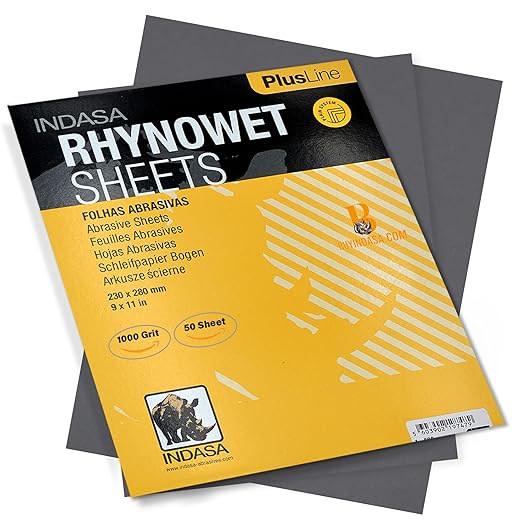 Indasa 50 PCS 9x11??Wet & Dry Sandpaper Sheets, 1000 GRIT, Rhynowet Clog-Resistant Abrasive for Wood, Metal, Auto, Paint & Clear Coat Finishing, Sand Paper Silicon Carbide, Plusline