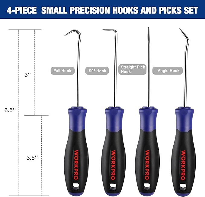 WORKPRO 4-Piece Precision Pick and Hook Set with Pouch, Angled Pick, Straight Pick, 90-degree Pick, Full Hook, Mini Pick Set Mechanic, Remove Small Fuses, Wire Plugs and "O" Rings, Gunsmith Tools