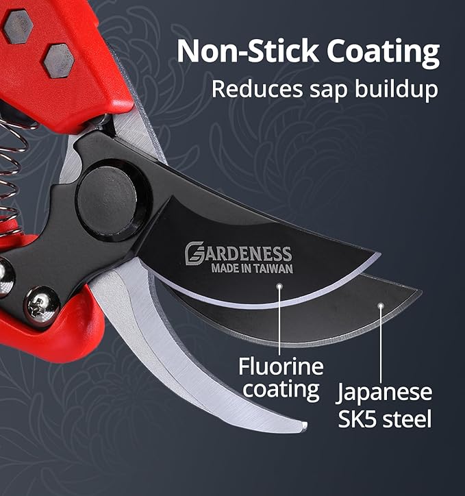 Gardeness Non-Stick Coated Bypass Pruning Shears - Professional Garden Clippers with Comfort Grip Handles, Heavy Duty Hand Secateurs for Trimming Branches, Floral & Yard Work, Arthritis Friendly