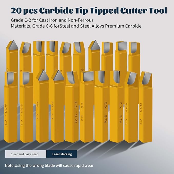 20 pc 1/2" Carbide Tip Tipped Cutter Tool,Metal Lathe Cutting Tools,Lathe Tools Metal Cutting for Metal Lathe Turning, Boring, and Chamfering