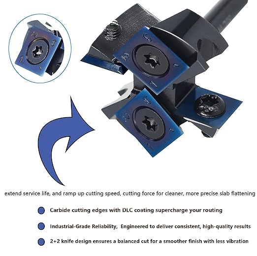 Slab Flattening Router Bit 1/4 Shank with DLC Coated, 1-1/2??Cutting Dia, 2+2 Carbide Insert, CNC Spoilboard Surfacing Router Bit, Wood Planing Bit, for Flycutter/ Slab Leveler/ Rabbeting SICWOOD
