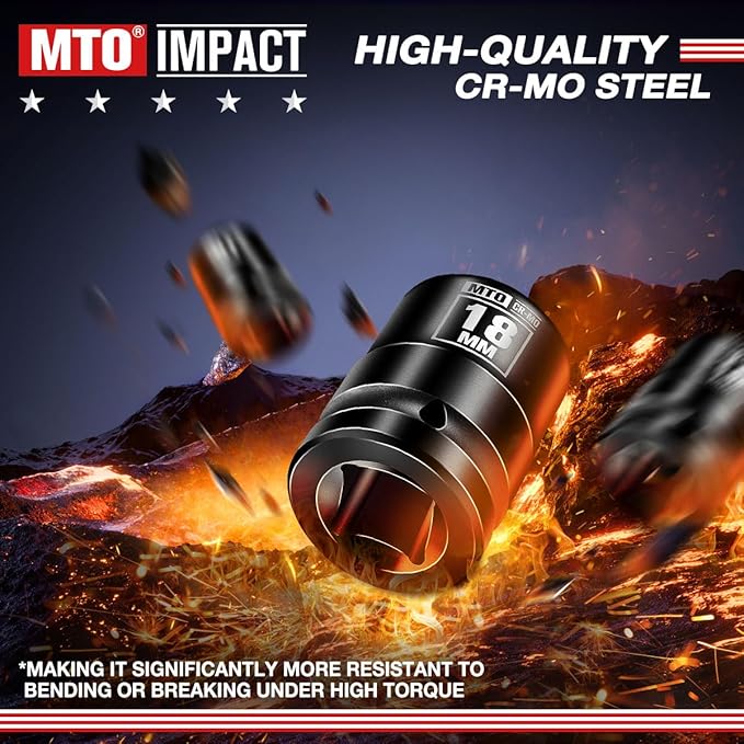 MTO 1/2" Drive 18mm Shallow Impact Socket, 6-Point Metric Socket, CR-MO Steel & Anti-Corrosion Coating for Tight Spaces and Heavy-Duty Tasks