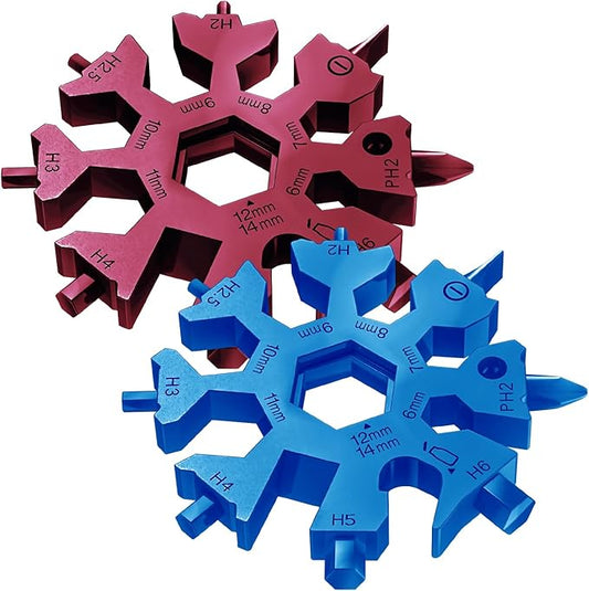 Vickay 2 Pack 18 in 1 Snowflake Multi Tool, Phillips Flat Screwdriver Kit/Wrench/Bottle Opener, EDC Camping Gear, Gifts for Men (Blue+Red)