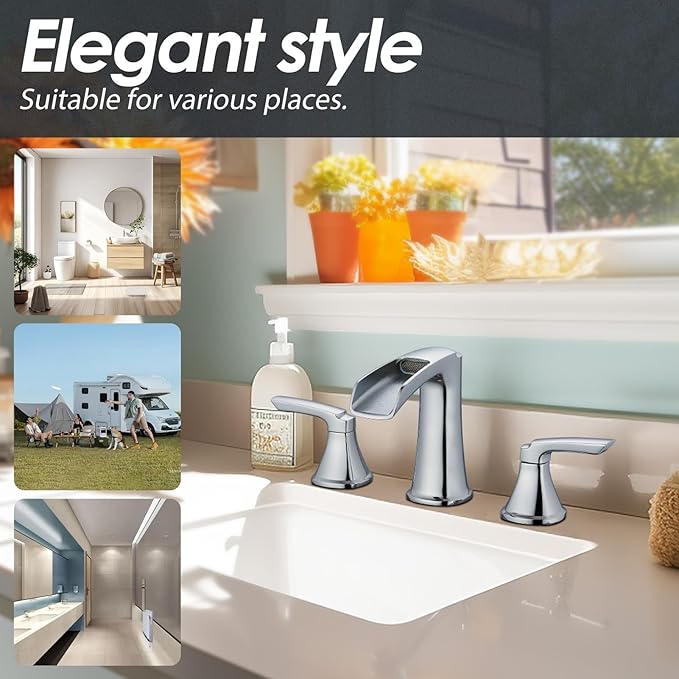 Chrome Waterfall Bathroom Faucet, Sanliv 3-Piece Widespread Bathroom Sink Faucets, 2-Handle Vanity Faucet for 3-Hole Sinks 4-8 Inch with Pop-Up Drain, ?랶olished Chrome