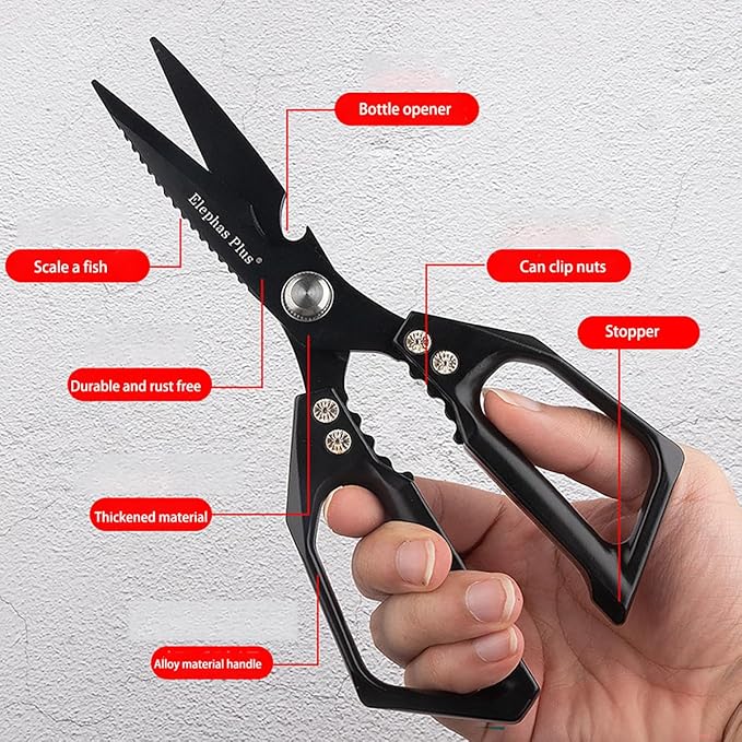 Multi-Purpose Rust Proof Kitchen Shears,Meat Scissors,Dishwasher Safe,Can be Used to Cut Vegetables, Chicken, Steak,Scrape Fish Scales, and Open Bottle Caps, etc(Black)
