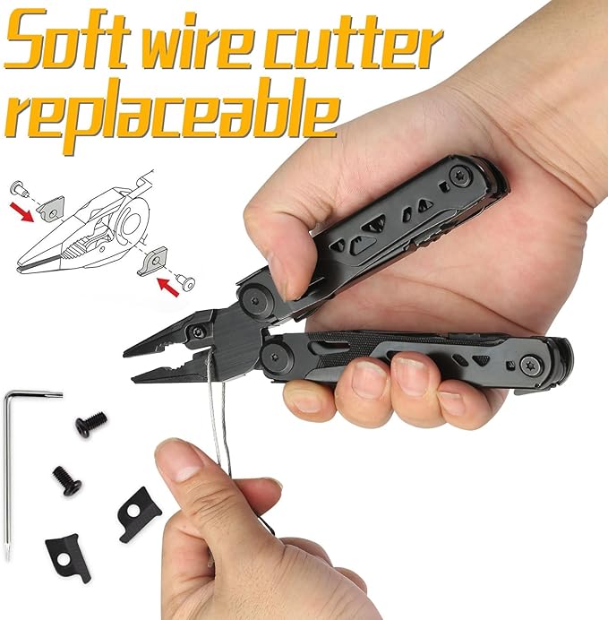 28-in-1 Multitool Pliers, Stainless Steel Multi Tool with Pocket Clip, Self-Locking, Replaceable Wire Cutters, and Precision Screwdriver, Foldable EDC Multi-Tool for Outdoor, Repair, Camping, Hiking