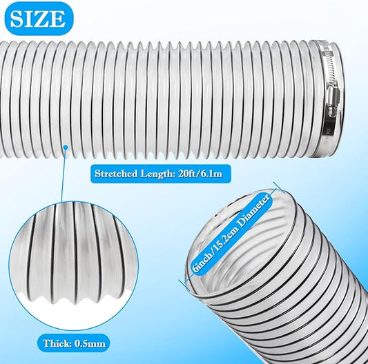 6" x 20' PVC Dust Collection Hose,6 Inch Dust Collector Vacuum Hose for Woodworking Dust Collection Systems, Dust Collection Tube Flexible Clear PVC Fume Debris Collection Hose w/Carbon Steel Wire