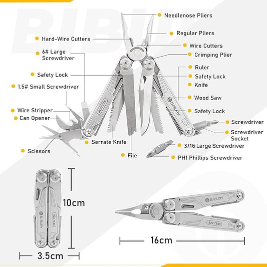 BIBURY Multitool with Pocket Knife, Birthday Gifts for Men, 19-in-1 Stainless Steel Pliers with Scissors, Self-locking Multi tools with EDC Sheath for Home, Camping, Hiking, Survival -BI2038A