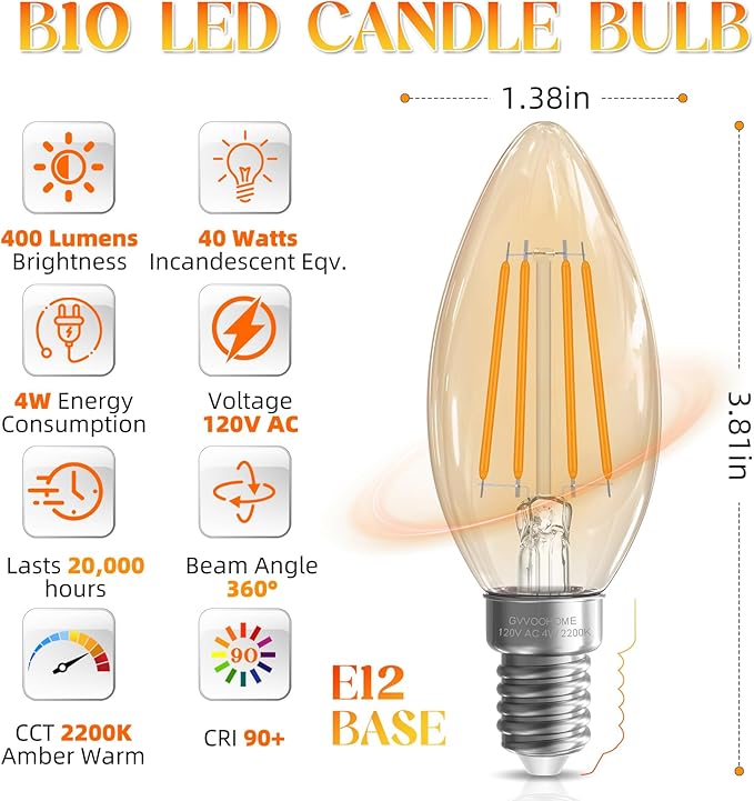 Candelabra Light Bulbs 40 watt Equivalent, E12 LED Bulb Non-Dimmable B10 LED Candle Bulb, 2200K Amber Warm, LED Chandelier Bulb, 90+CRI, 400LM, Amber Glass Finish, 24 Pack