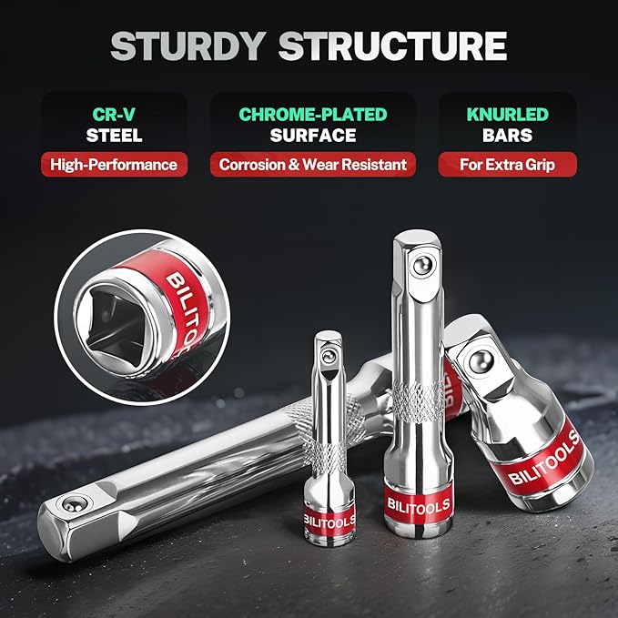 BILITOOLS 9 PCS Ratchet Extension Set, 1/4" 3/8" 1/2" Drive Extension Set, CR-V Steel with Mirror Chrome Plating, EVA-Foam Tray