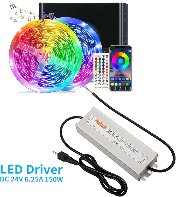 LED Driver 24V150W Waterproof Power Supply AC 90-130V to DC 24V6.25A Switching Power Supply IP67 Rated Driver Suitable for Indoor Outdoor 24V Series LED Strip Lights and String Lights