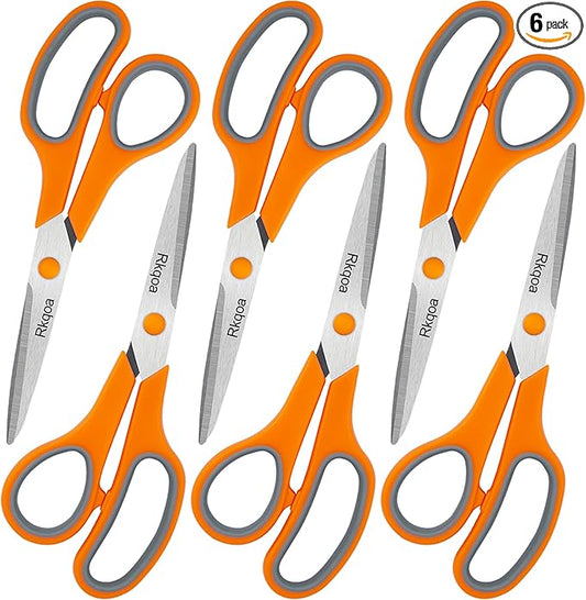 Scissors Set of 6 Bulk, Rkqoa 8" All Purpose Scissors Pack - with Ultra Sharp Blades and Comfort Grip Handles for School Office Classroom Everyday Use, Adult Size Scissor