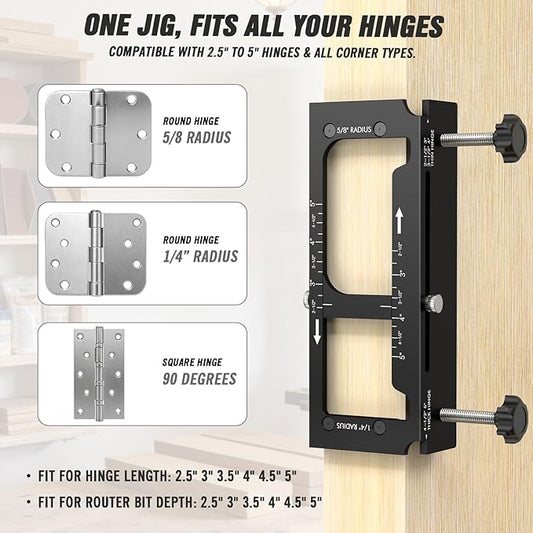 Door Hinge Jig, Pro Aluminum Alloy Router Template, Adjustable Mortising Jig for 2.5" to 5" Hinges, Compatible with 1/4" & 5/8" Radius and Square Corner Hinges