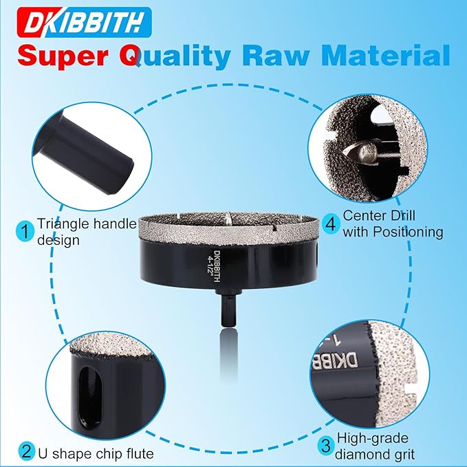 4-1/2" Diamond Hole-Saw Bits with Pilot Drill Bit 4-1/2 in Diamond Tipped Tile Hole Saws with Guiding Bit for Accurate Drilling, for Porcelain Tile Ceramic Pottery Granite Stone Glass Bottles 115mm