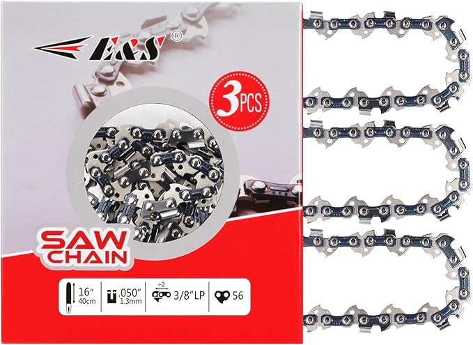 E & S 3 Pack 16 Inch Chainsaw Chain 3/8" LP Pitch .050" Gauge 56 Drive Links Semi-Chisel Chain Saw Chains for Husqvarna, Poulan, Craftsman, Greenworks and More Chainsaw Brands