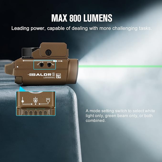 OLIGHT Baldr S 800 Lumens Compact Rail Mount Weaponlight with Green Beam and White LED Combo, Magnetic USB Rechargeable Tactical Flashlight with 1913 or GL Rail, Battery Included (Desert Tan)