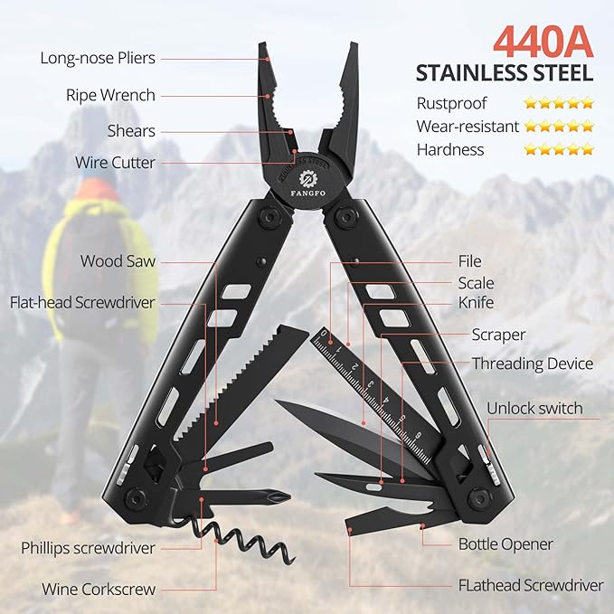 Multitool 17-in-1 Stainless Steel Multi Tool with Pocket Knife Needle Nose Pliers Bottle Opener Screwdriver Self-Locking Professional Multi-Tool for Outdoor Survival Gifts for Men(Black)