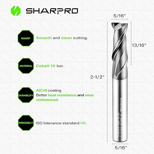 5/16 End Mills 5/16 Inch Shank, 2 Flute Carbide Square Endmill with AlCrN Coated, Upcut Spiral CNC Router Bits for Alloy Steel, Metal and Stainless Steel（5PCS）