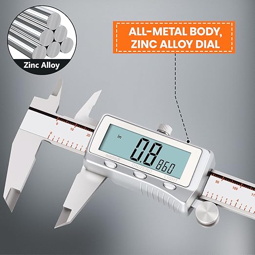 HARDELL Digital Caliper, Rechargeable Caliper Measuring Tool with Backlight LCD Screen, All Metal Calipers, Auto-Off Digital Micrometer, Inch/MM/Fraction for Household/3D-Printing-Rechargeable 6 Inch