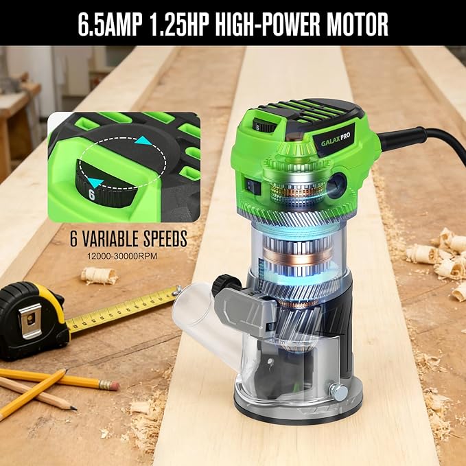 GALAX PRO 6.5 Amp Compact Wood Router with Fixed Base,1.25 HP Variable-Speed Trim Router 12000-30000RPM, Router Bits, Edge Guide, Roller Guide & Dust Hood