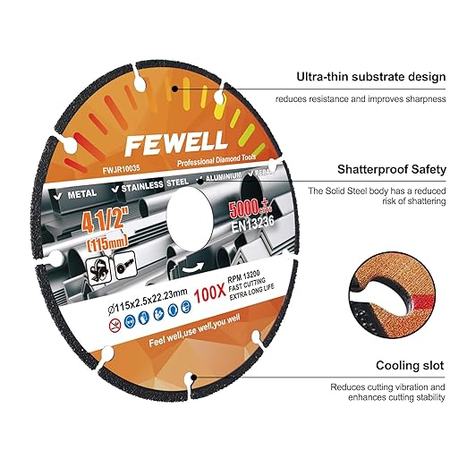 FEWELL 4 1/2 Inch Diamond Cutting Wheel with 7/8" Bore,Metal Cut Off Wheel with 5000+ Cuts for Angle Grinder on Metal,Rebar,Steel,Iron and INOX(3 Pack)